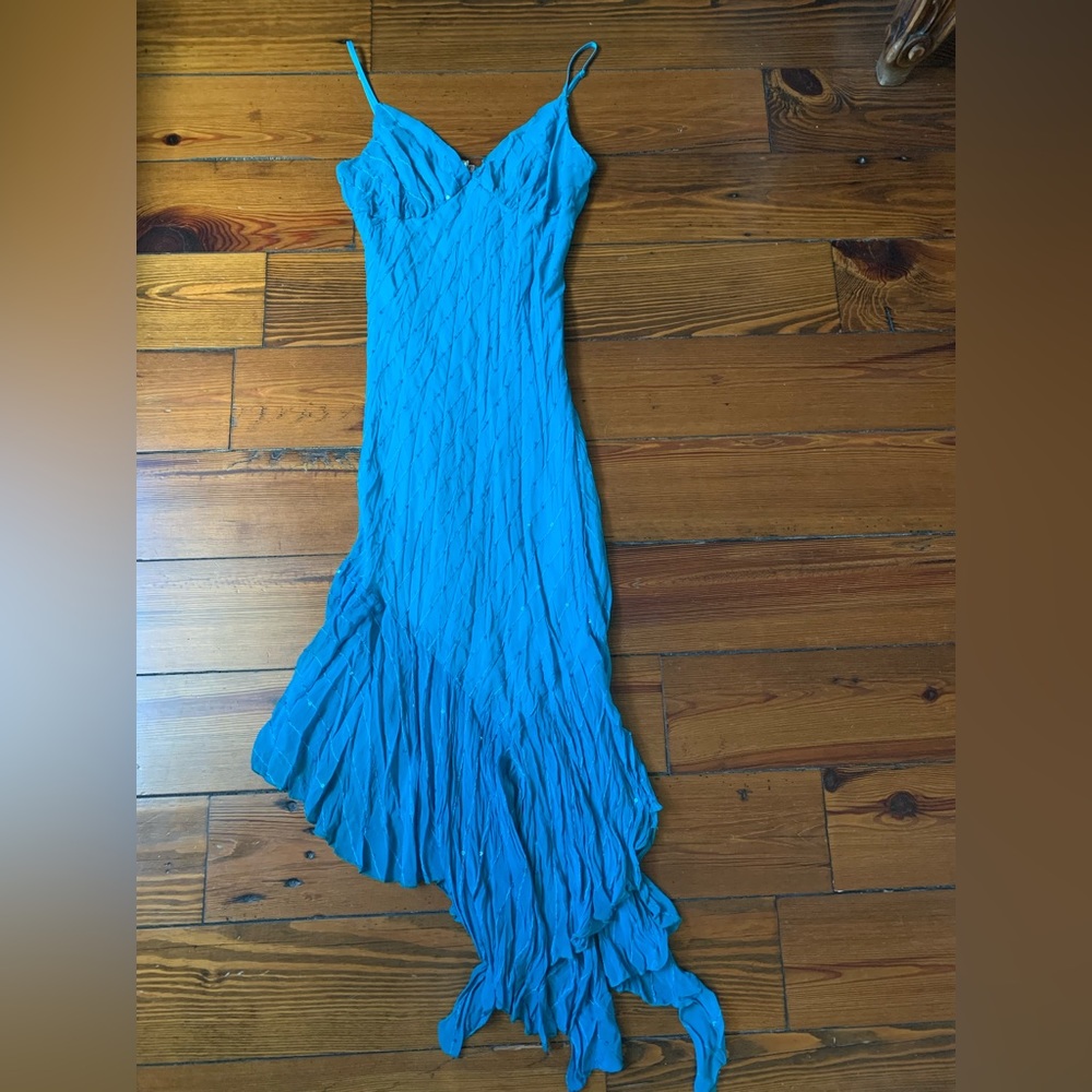 2000s blue sequined body con asymmetrical dress